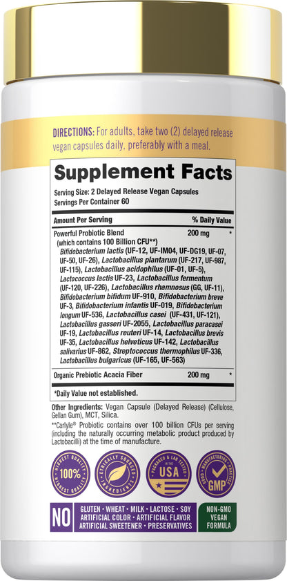 Carlyle Probiotic 100 Billion CFU | 120 Capsules | Delayed Release | 31 Probiotic Strains | with Prebiotic Fiber | Vegan, Non GMO, Gluten Free