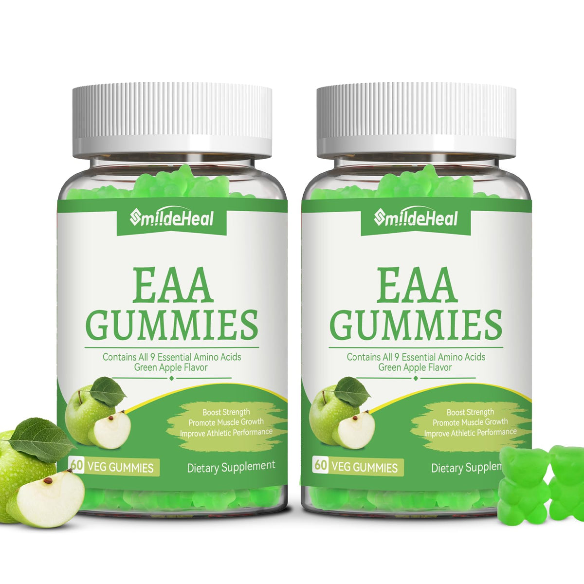 EAA Gummies, Essential Amino Acids, Apple Flavor, 60 Vegan Gummies | All 9 Essential Aminos (EAA) and All Branched-Chain Aminos (BCAAs) for Muscle Recovery, Energy Support, Non-GMO, Gluten Free