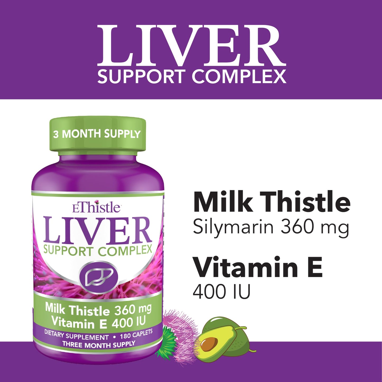 EThistle Liver Wellness Dietary Supplement, Milk Thistle & Vitamin E Liver Health Formula, Caplets 180 Count