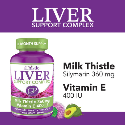 EThistle Liver Wellness Dietary Supplement, Milk Thistle & Vitamin E Liver Health Formula, Caplets 180 Count