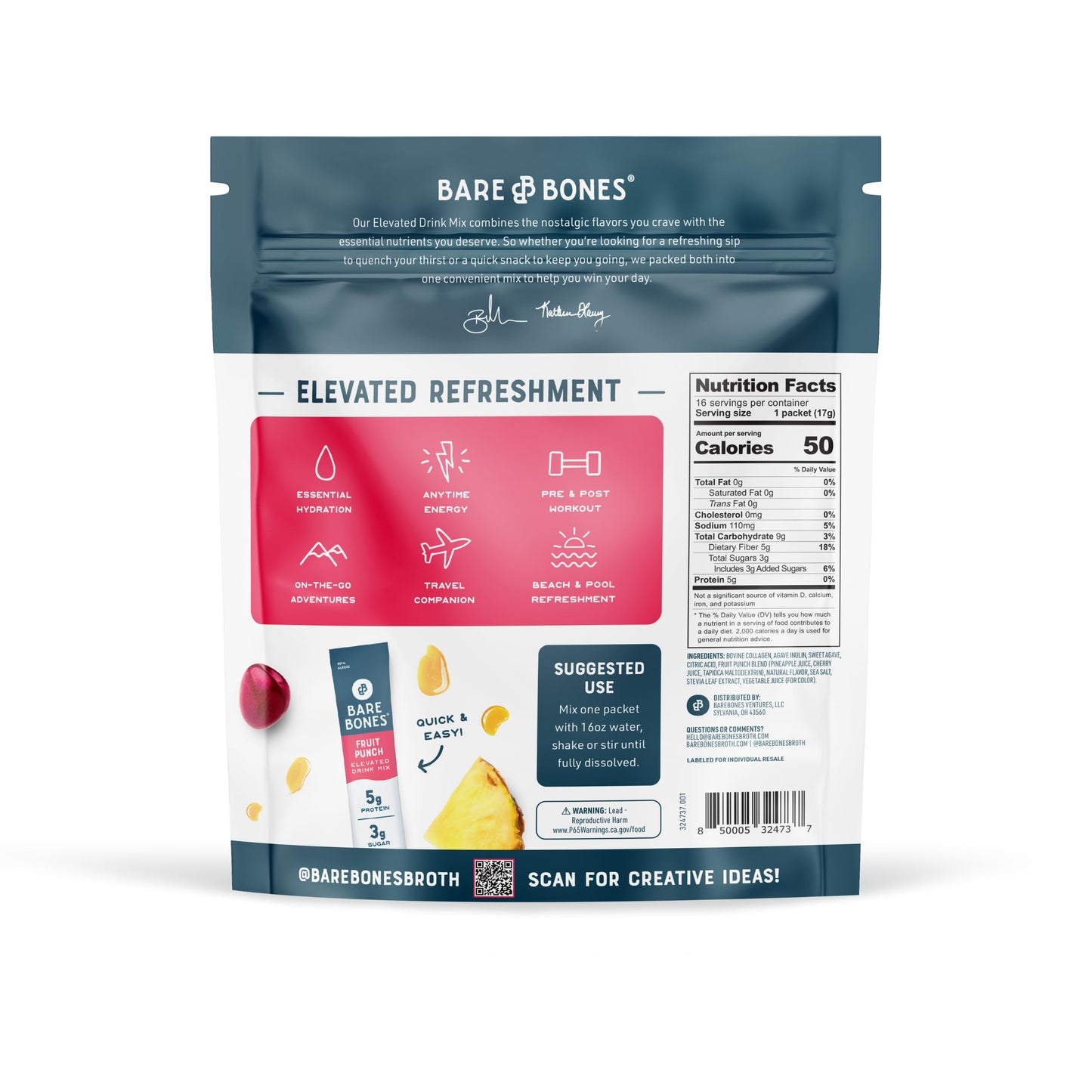Bare Bones Fruit Punch Fruit Collagen Peptides Powder Drink Mix Packets | 5g Protein | Naturally Sweetened | Light & Flavorful | Gluten-Free On-the-Go Stick