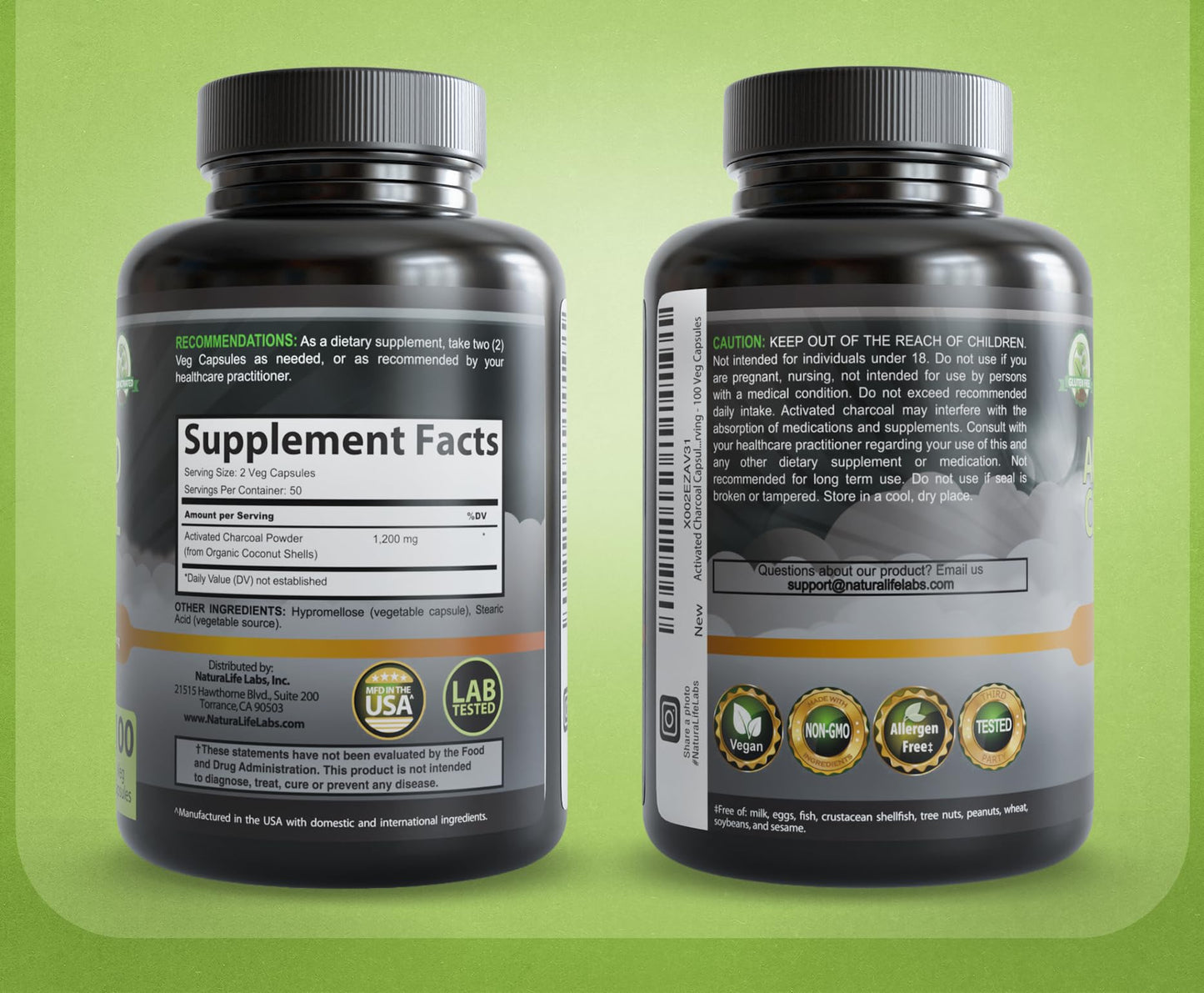 NaturaLife Labs Activated Charcoal 1200 mg per Serving – from Coconut Shells – 100 Veg Capsules – Non-GMO, Gluten-Free, Vegan