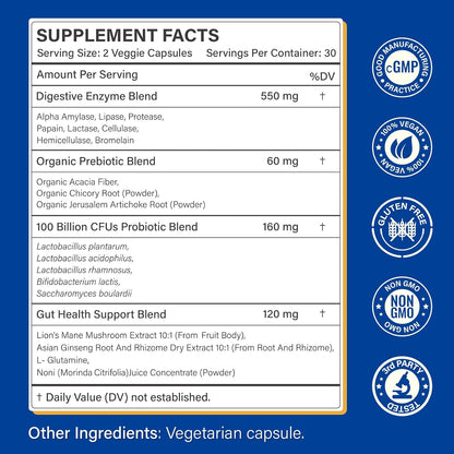 Digestive Enzymes Supplement with 100 Billion CFU Probiotic & Prebiotic | Multi-Enzyme Formula for Women & Men - Supports Digestive & Gut Health, Aids Protein, Carb & Dairy Digestion, 60 Caps