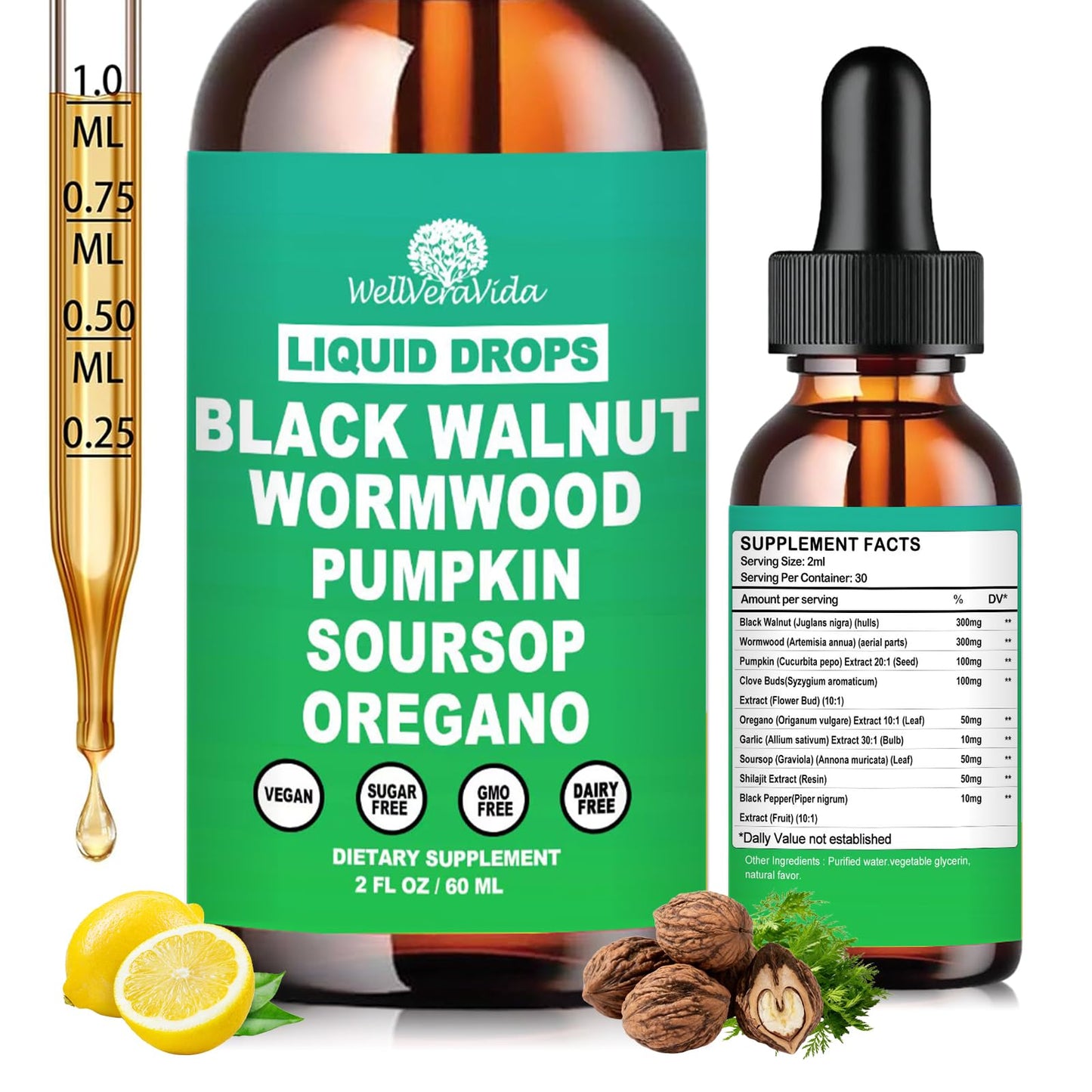 Liposomal Wormwood Black Walnut Clove Cleanse for Humans Drops, Organic 9-in-1 Herbal Extract Hull Supplement Plus Oregano, Soursop & Pumpkin Seed