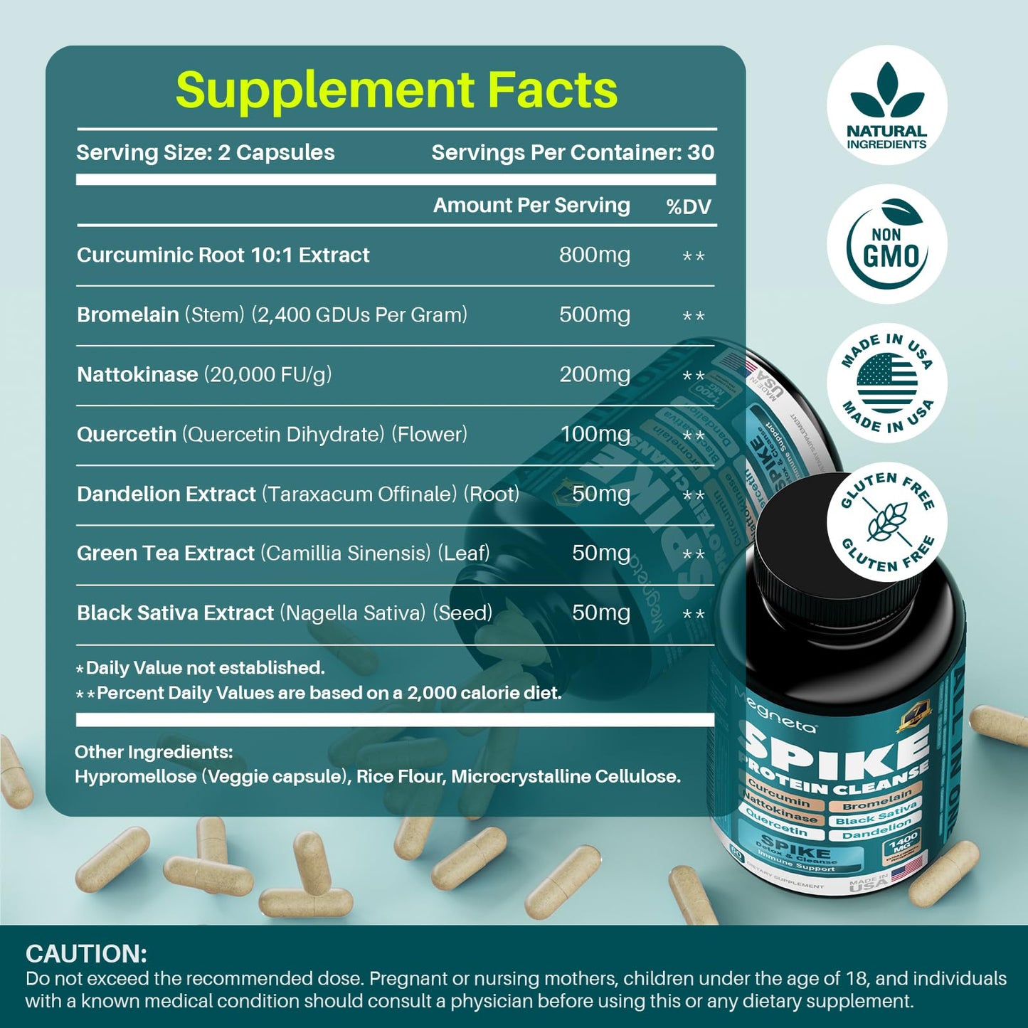 MEGNETA Spike Support - Nattokinase 20,000 FU/g, Bromelain 500mg & Curcumin 800mg – Triple-Action Enzyme Complex with Quercetin & Dandelion – Cardiovascular, Circulatory, Antioxidant & Immune Support