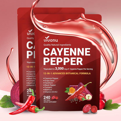 Cayenne Pepper Softgels Supplement, Supports Leg Vein, Heart and Blood Vessel Health, with Vitamin E D3+K2 and Extracts of Grape Seed, Hawthorn, Beetroot, Berberine and Others (Softgels / 2 Bag)