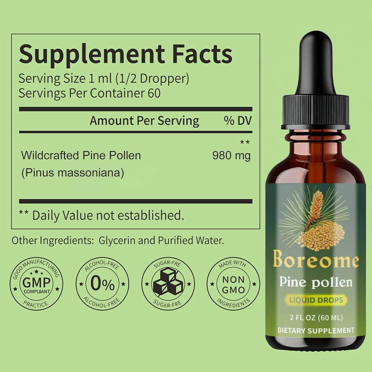 Pine Pollen Tincture | Pine Pollen Powder Liquid Drops for Men & Women - Vegan, Sugar & Alcohol-Free Supplement - 2 fl oz