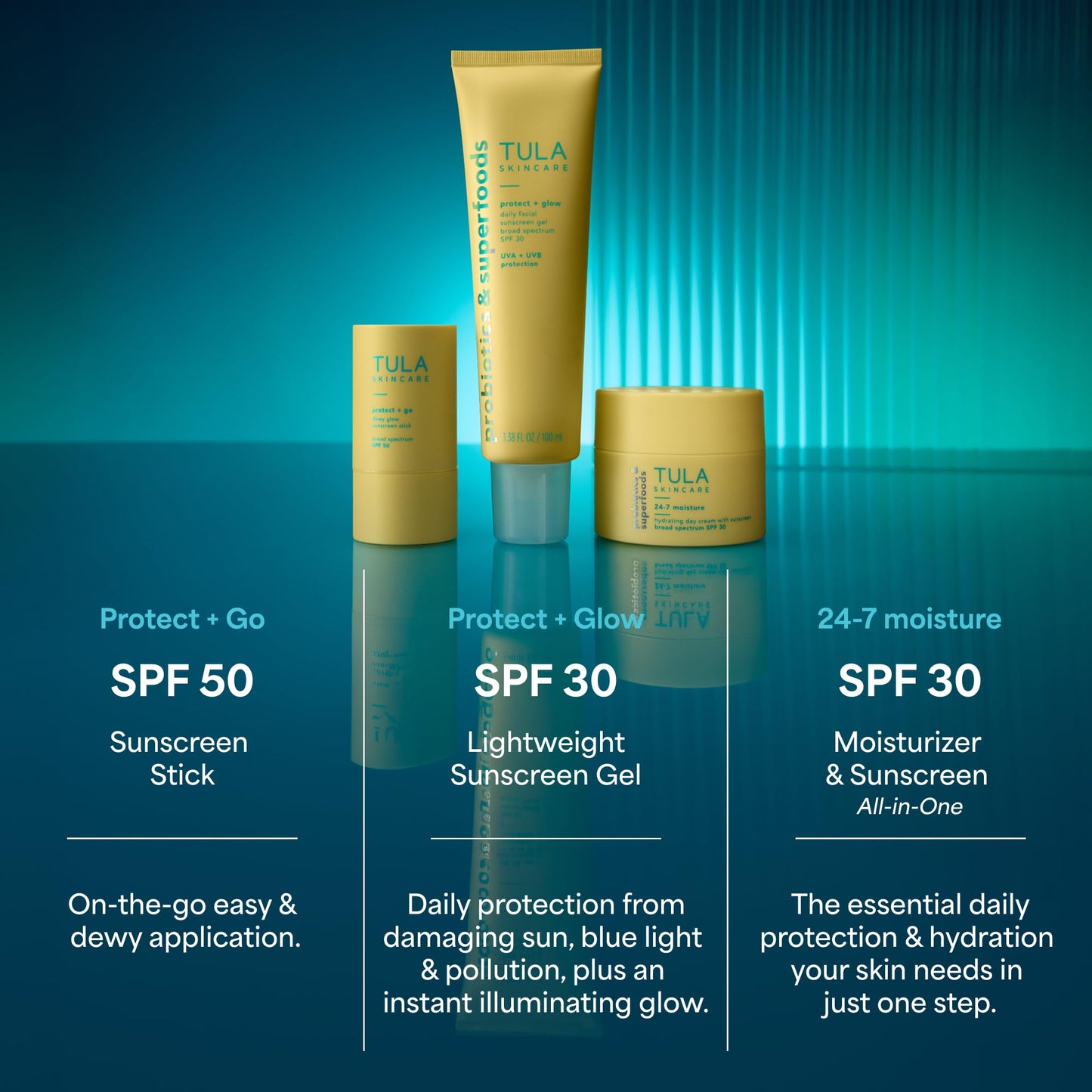 TULA Skin Care Protect + Glow Daily Sunscreen - Gel, Broad Spectrum SPF 30, Skincare-First, Non-Greasy, Non-Comedogenic and Reef-Safe with Pollution