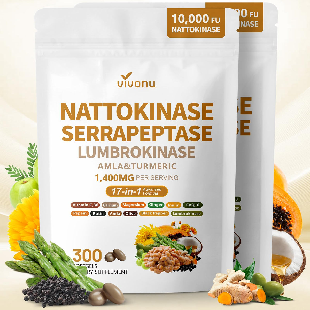 VivoNu Nattokinase 300 Softgels, 500mg(10,000 FU) Per Serving | 17-in-1 Organic Nattokinase Supplement with Serrapeptase*,Lumbrokinase*,CoQ10,AMLA&Turmeric|for Heart* Health|Non-GMO