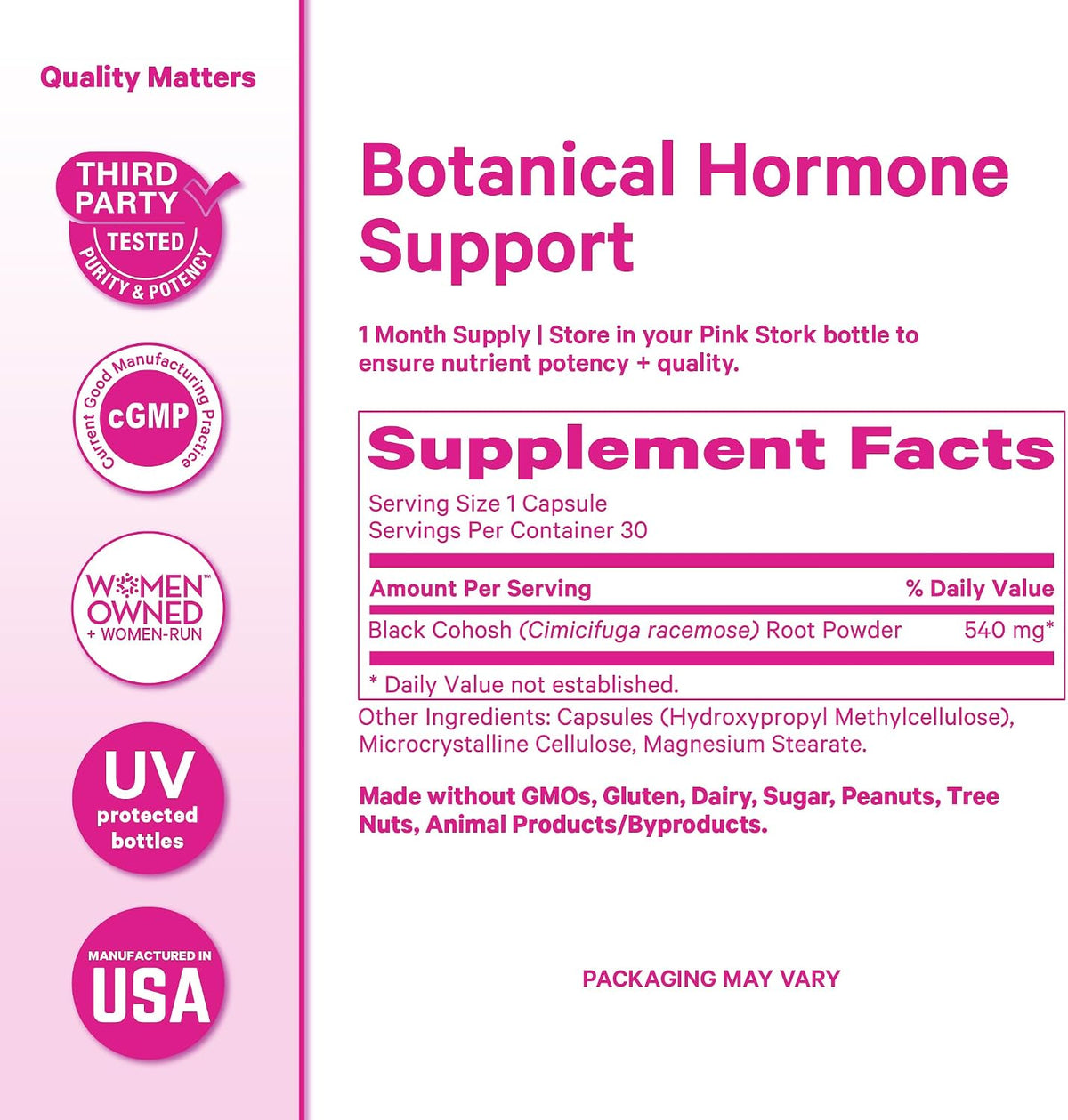 Pink Stork Black Cohosh Supplements for Women, 540 mg, 30 Capsules | Pure Black Cohosh, Supports Hormone Balance for Fertility, Perimenopause + Menopause Comfort
