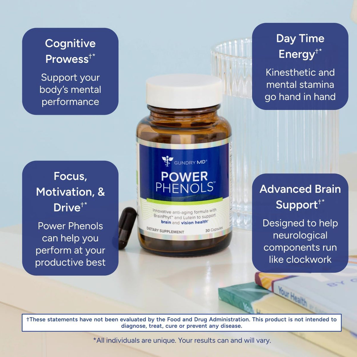Gundry MD® Power Phenols Brain Health & Energy Supplement, 30 Servings | Cognitive Support, Focus & Productivity Enhancement, Energy Boost, Sugar & Artificial Sweetener Free, With Astaxanthin