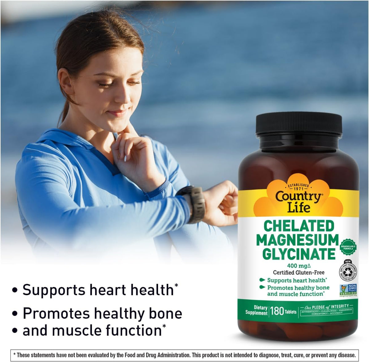 Country Life Chelated Magnesium Glycinate 400 mg, 180 Tablets