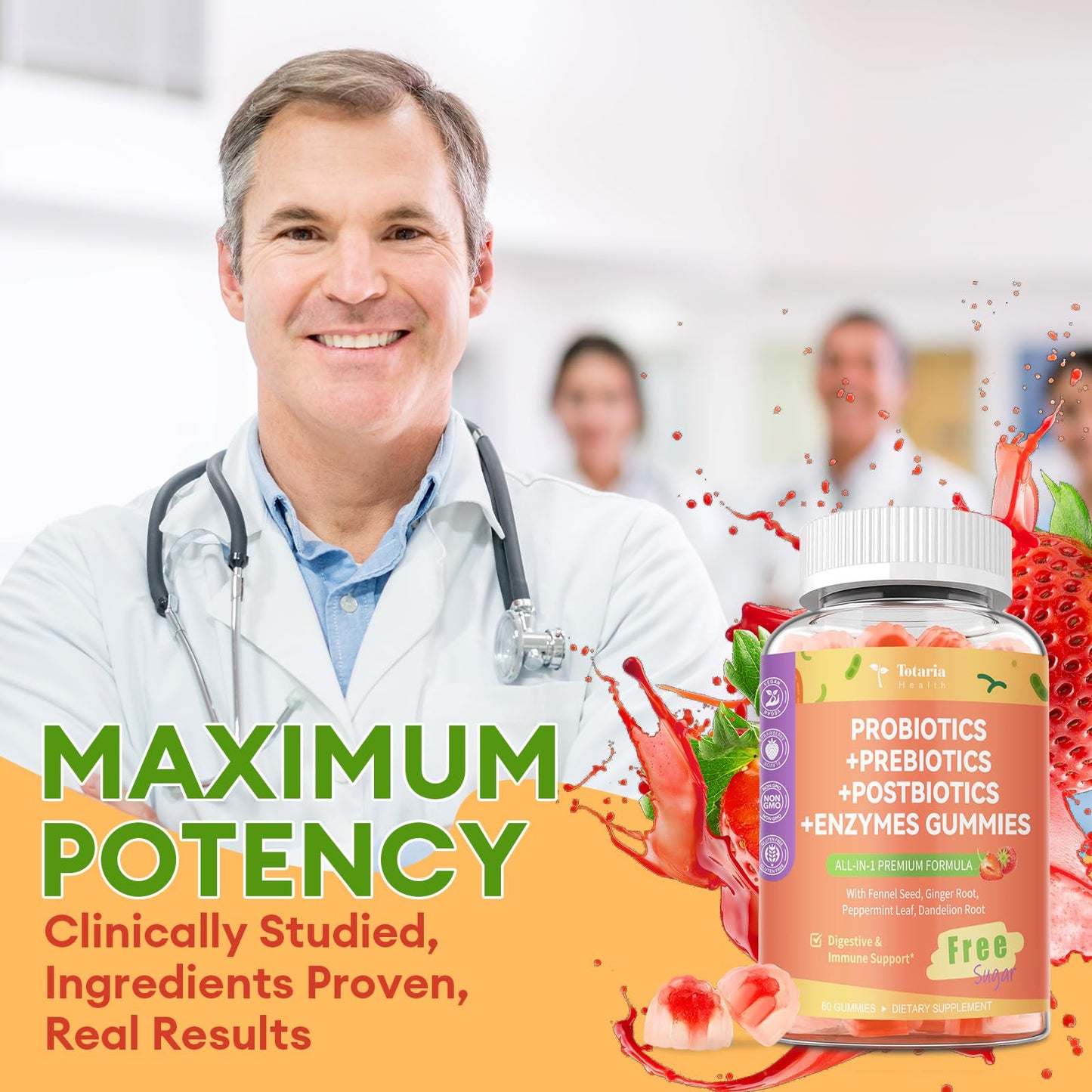 (2 Packs) Totaria Sugar Free 5-in-1 Probiotic Prebiotic Postbiotic Gummy, Probiotics for Women Men with Digestive Enzymes, Peppermint, Complete Immune, Gut & Digestive Support, Vegan Strawberry Flavor