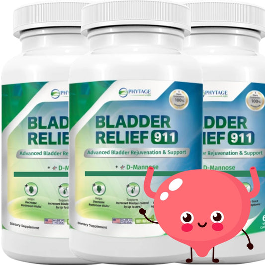 Three bottles of Bladder Relief 911 with a cartoon bladder character on a white background