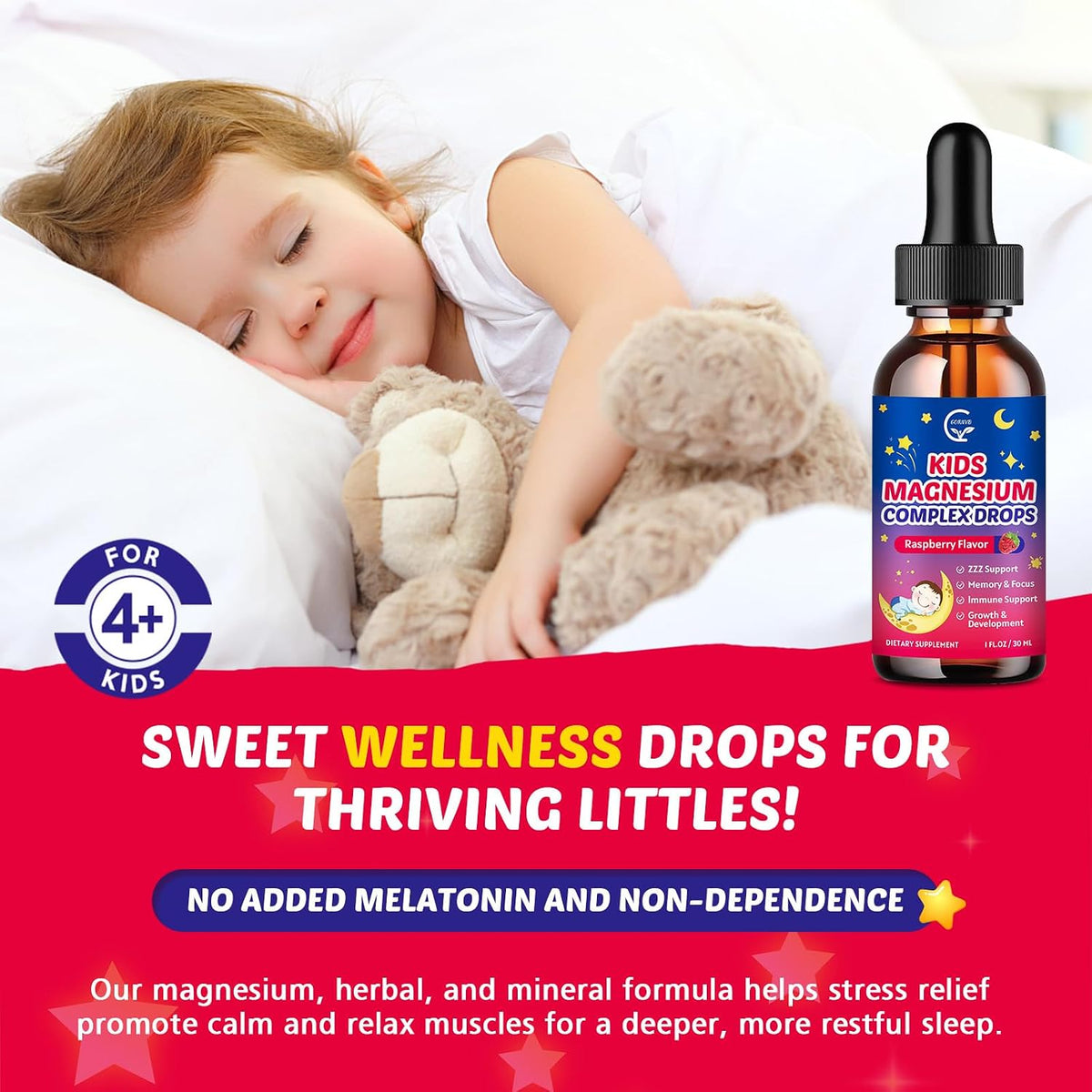 Magnesium Glycinate Liquid for Kids with L-Theanine, Omega-3 | Vitamin D3, K2, Zinc, Kids Magnesium Liquid Drops for Sleep & Calm, Brain, Bone, Sugar Free, Raspberry Flavor, 2 Bottles