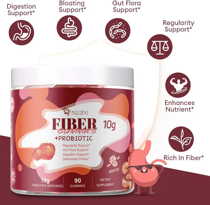 Migcopat Fiber Gummies with Probiotics,10G Fiber per Serving No Sugar Added Apple Flavor, with 10 Billion CFU Probiotics Blend, Apple Cider Vinegar, Vitamin C, Inulin, Bloating Support 90 Count