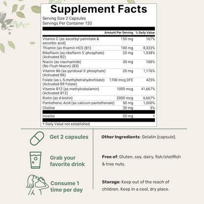 Micro Ingredients Pure Methylated B Complex Vitamins, 240 Capsules | 11-in-1 with Methylfolate, Methylcobalamin B12 & P5P + Fat-Soluble Vitamin C, Choline & Inositol. Filler Free, Non-GMO.