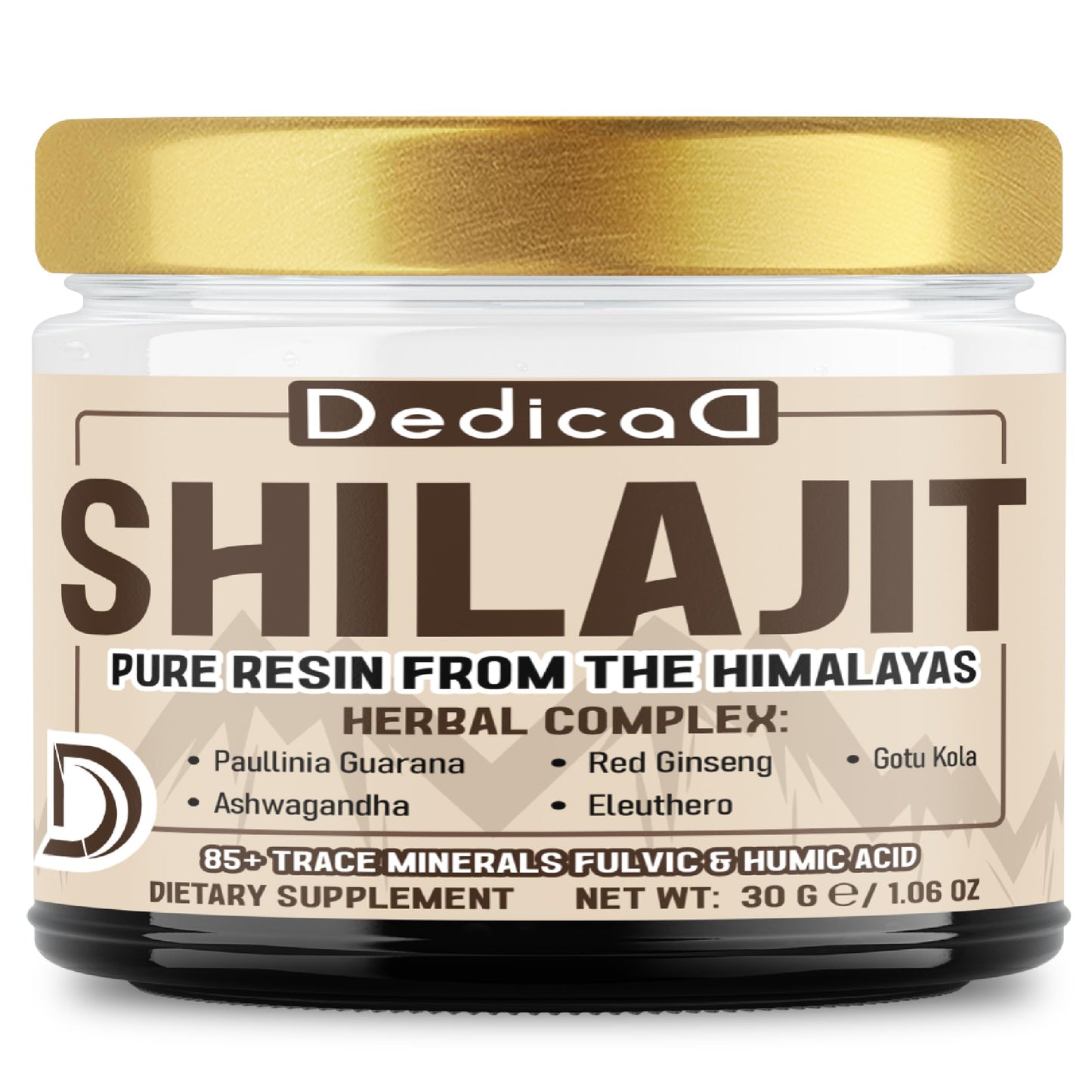 Jar of Dedica Shilajit with gold lid on a white background