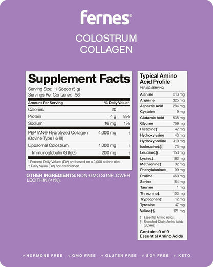 Liposomal Bovine Colostrum Powder with Collagen for Gut Health, Immune Support, Hair Growth & Beauty Supplement | Grass-Fed, Unflavored, 56 Servings