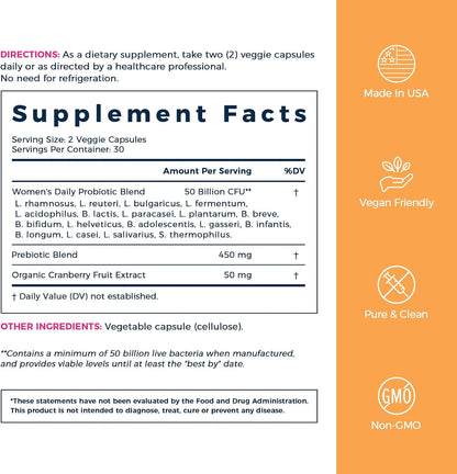 NewRhythm Women's Probiotics, Organic Cranberry, 50 Billion CFU 18 Strains, Probiotics with Prebiotics, Support Digestive Health, No Refrigeration Needed, Non-GMO, No Soy, 60 Vegan Capsules, No Dairy