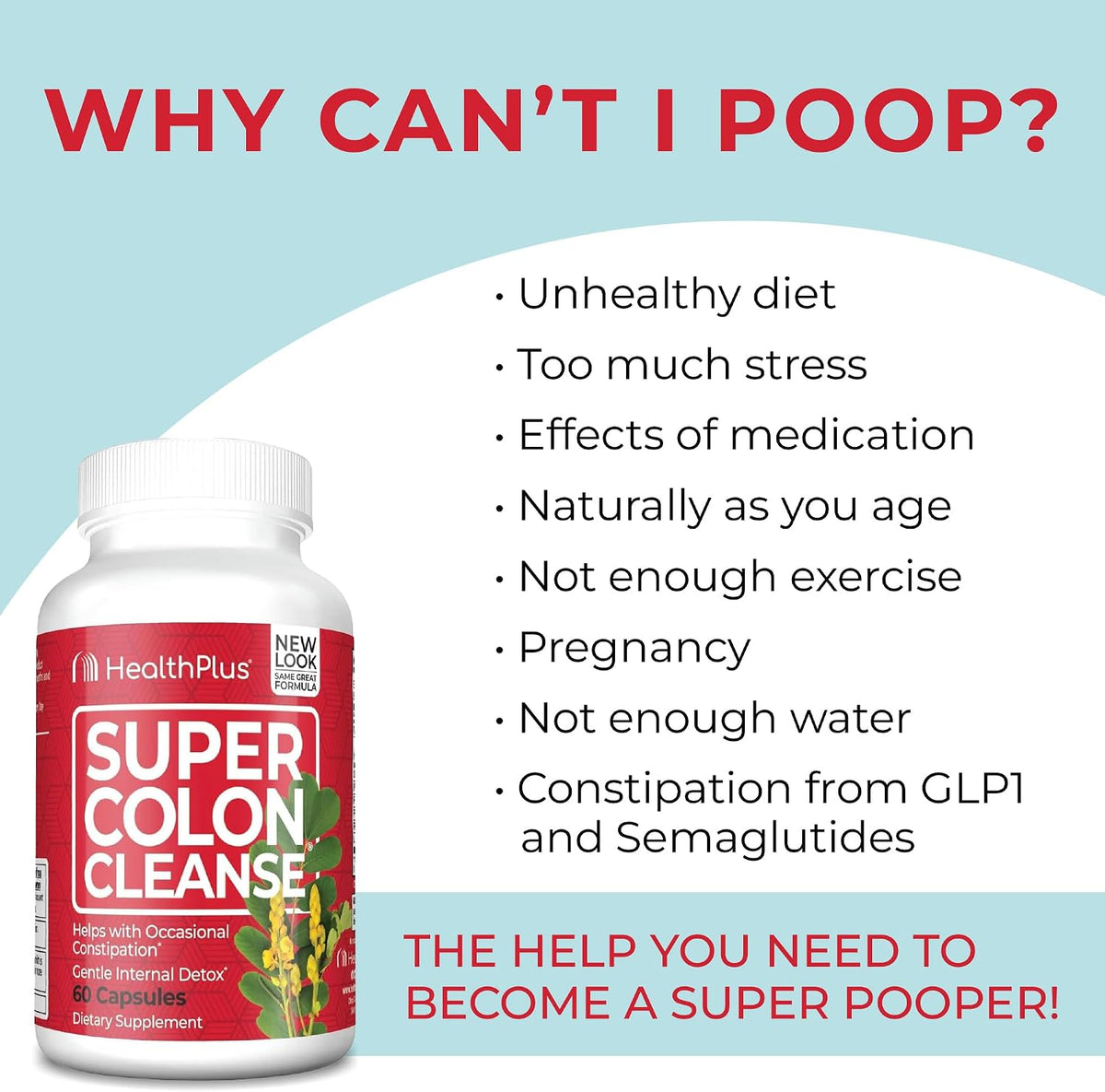 Health Plus Super Colon Cleanse Detox Capsules, 60 Day Supply, 240 Ct | Capsules with senna and psyllium husk, 120 servings; may support occasional constipation relief and gentle gut cleansing