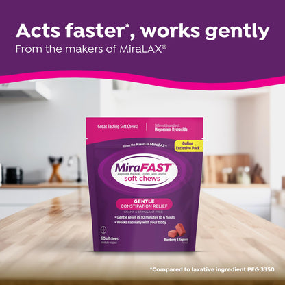 MiraFAST Soft Chews, from the Makers of MiraLAX, Gentle Constipation Relief, Fast Acting, Stimulant Free Saline Laxative, Magnesium Hydroxide, Blueberry & Raspberry Flavor, 60ct