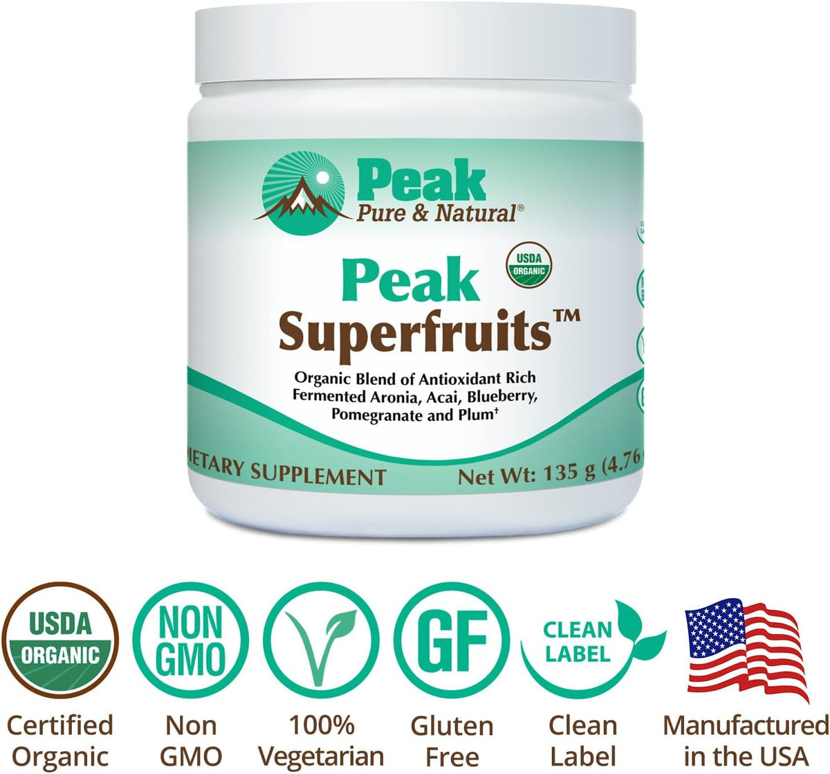 Peak Organic Superfruits - Polyphenol Rich Superfood Powder - Non-GMO Fermented Aronia Berry, Acai, Blueberry, Pomegranate, and Plum - Aging, Metabolic Health, Heart Health (30 Servings)