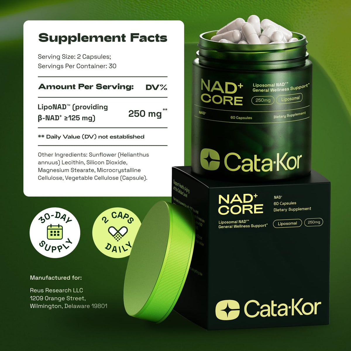 Cata-Kor NMN Supplement Alternative – Liposomal NAD+ Supplement - NAD CORE 30-Day Supply 60 Capsules