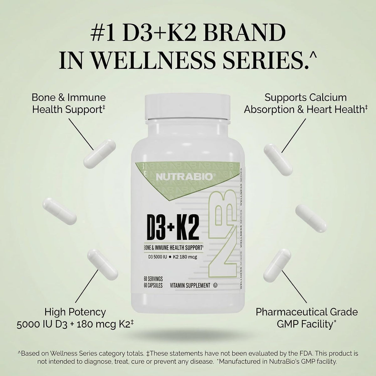 NutraBio Vitamin D3 K2 | 5000 IU D3 as Cholecalciferol with Vitamin K2 as MENA-Q MK7 (180mcg) | Support Bone and Heart Health | Non-GMO, Gluten Free, Lactose Free | 60 Vegetable Capsules