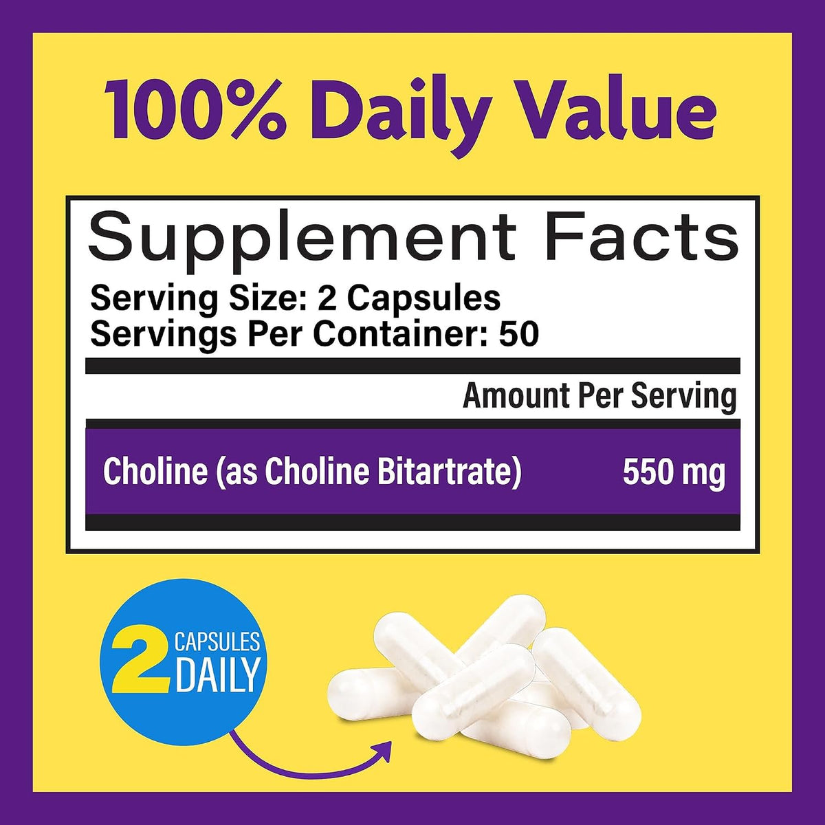 InnovixLabs Choline Supplement 550 mg, Pure Choline Bitartrate Brain Supplement for Memory and Focus, Supports Liver Function and Mental Clarity for Women and Men, Non-GMO, 50-Day Supply