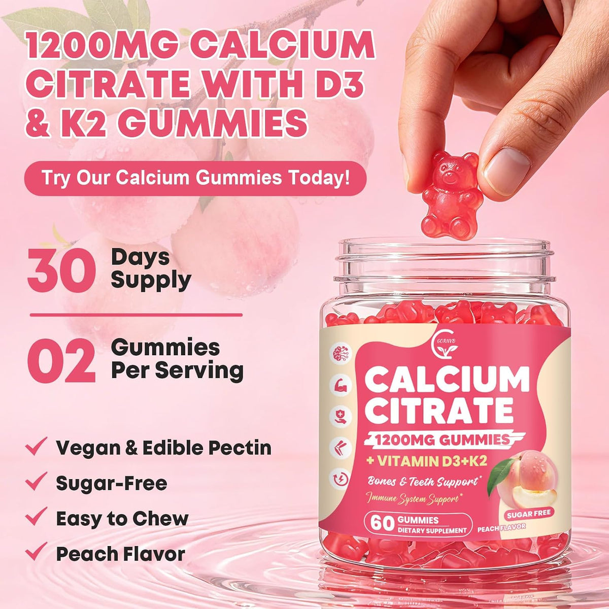 (2 Pack) Calcium Citrate Gummies 1200 mg with Vitamin D3, K2 for Bone, Muscle & Immune Support, High Absorption Chewable Calcium Supplements for Women & Men, Sugar Free, Vegan, Peach Flavor, 60 Chews