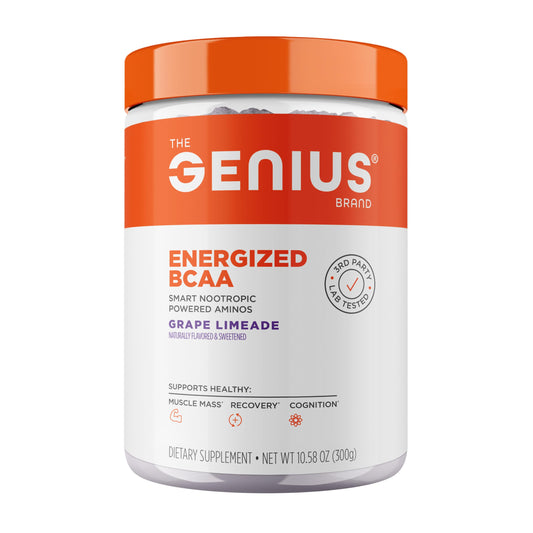 Genius Powder - 5g Vegan L-Glutamine, Cognizin & Rhodiola Muscle Recovery Energy Support 100mg Caffeine Pre, Intra, Post-Workout Supplement for Focus & Performance - Grape Limeade