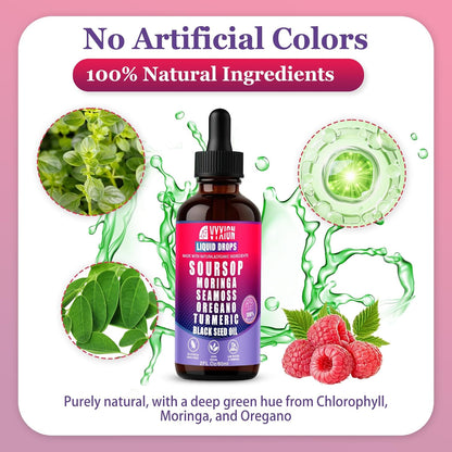 Soursop Bitters Liquid Drops 10 in 1 with Sea Moss, Moringa, Turmeric, Black Seed Oil, Oregano, Ashwagandha | Herbal Extracts for Overall Health-Enhancing |Vegan, Non-GMO| 2 Fl Oz(Mixed Berry Flavor)