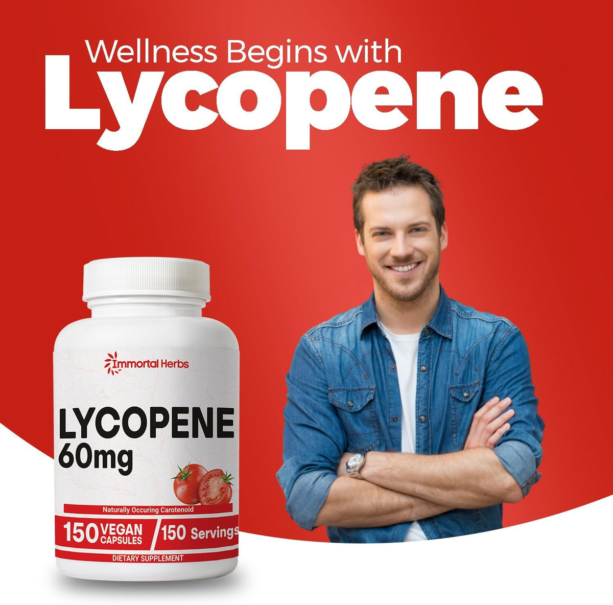 Lycopene Supplement for Men 60mg, 150 Capsules, Natural Tomato Extract Powder, 4 Month Supply, 100% Veg Lycopene Complex, Non-GMO and Gluten Free Carotenoid Supplement