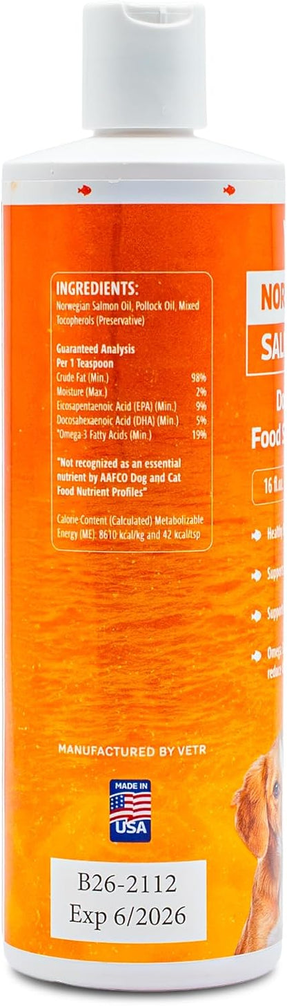 Vetr Norwegian Salmon Oil for Dogs & Cats, 16.9 oz Squeeze Bottle - Pure Wild-Caught Omega-3 Fish Oil Liquid Supplement - Supports Healthy Skin & Shiny Coat