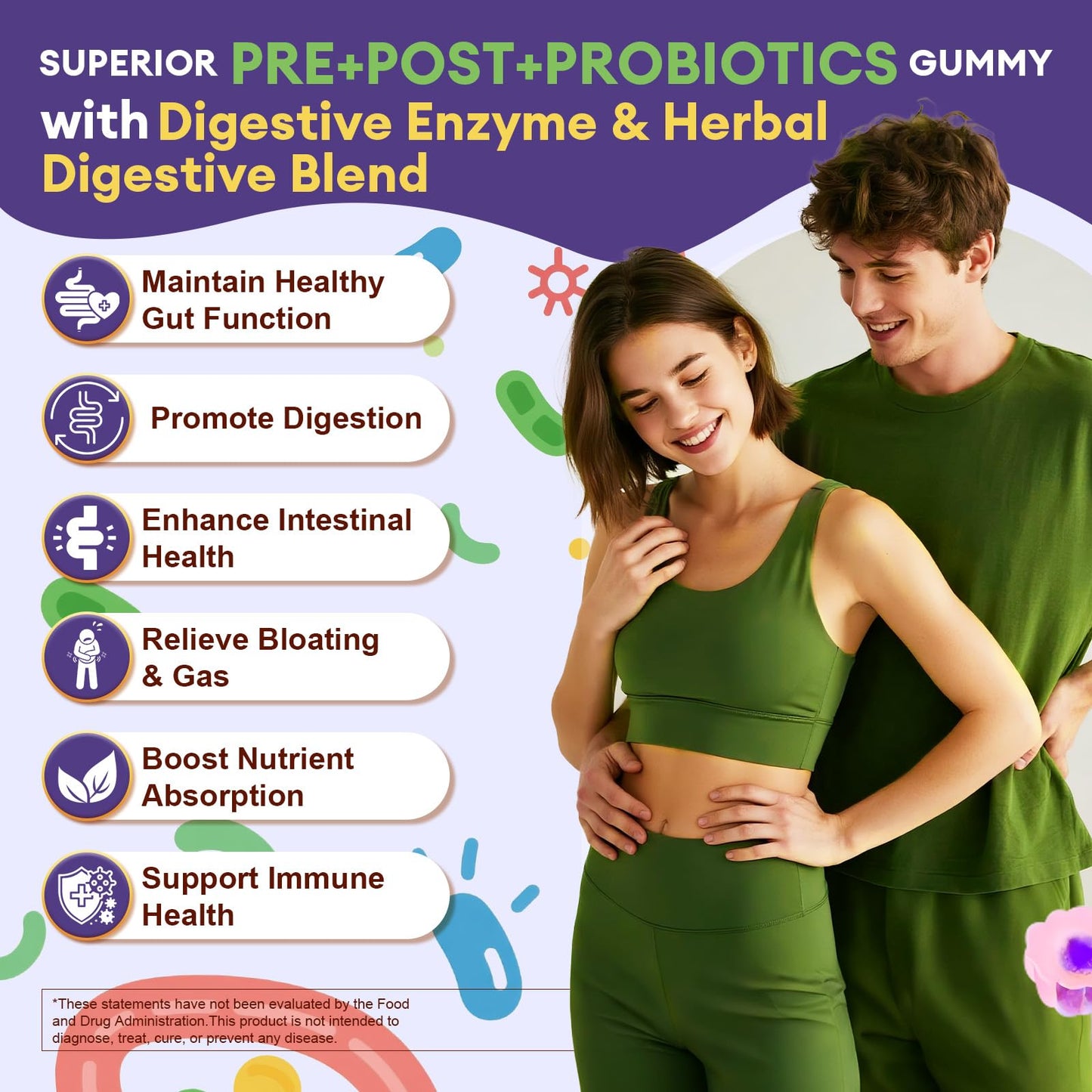Totaria 2 PCS Sugar Free 5-in-1 Probiotic Prebiotic Postbiotic Gummy, 36 Strains Probiotics for Women Men with Digestive Enzymes, Peppermint, Complete Immune, Gut & Digestive Support, Grape Flavor