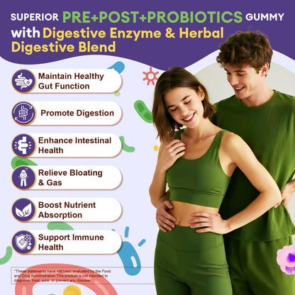 Totaria 2 PCS Sugar Free 5-in-1 Probiotic Prebiotic Postbiotic Gummy, 36 Strains Probiotics for Women Men with Digestive Enzymes, Peppermint, Complete Immune, Gut & Digestive Support, Grape Flavor