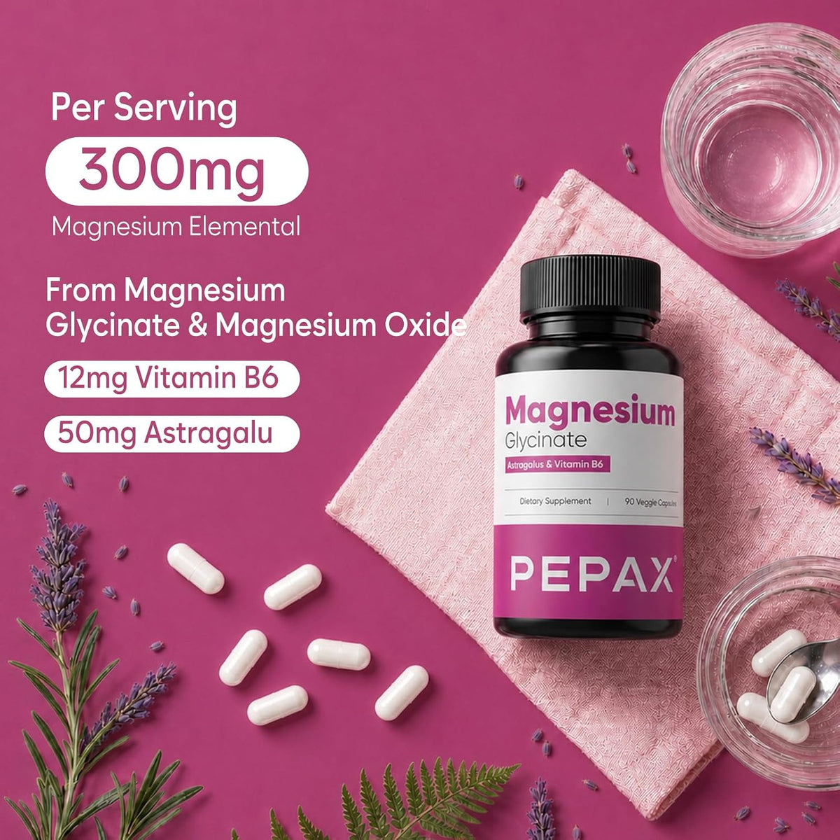 Magnesium Glycinate 300mg - High Absorption Chelated Magnesium Supplement for Sleep, Muscle Relaxation & Leg Cramps, with Vitamin B6 & Astragalus, Vegan, Non-GMO, Gluten-Free, 90 Capsules, Made in USA