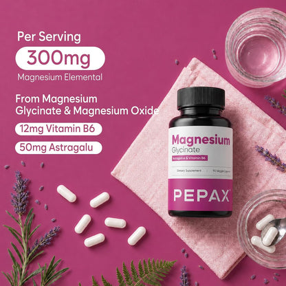 Magnesium Glycinate 300mg - High Absorption Chelated Magnesium Supplement for Sleep, Muscle Relaxation & Leg Cramps, with Vitamin B6 & Astragalus, Vegan, Non-GMO, Gluten-Free, 90 Capsules, Made in USA