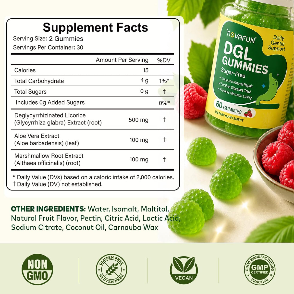 DGL Gummies - Deglycyrrhizinated Licorice Supplement for Stomach Relief & Digestive Comfort - with Aloe Vera & Marshmallow Root - Sugar Free, 60 Chewable Gummies