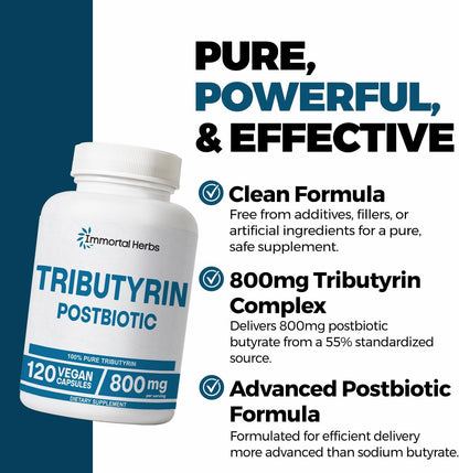 Tributyrin Supplement 800mg, Advanced Butyrate Form, 55% Standardized, More Effective Delivery Than Sodium Butyrate, 120 Capsules, Non-GMO & Gluten Free Postbiotic Supplement