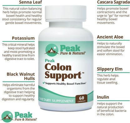 Peak Pure & Natural Colon Support - Colon Cleanse and Detox Supplement for Digestive Health - Gut Health Support with Inulin and Senna Leaf Extracts - with Fiber, Prebiotics, and Probiotics - 1 Pack