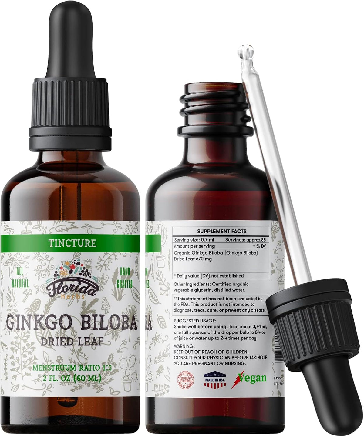 Ginkgo Biloba Tincture Organic Ginkgo Biloba Extract (Ginkgo Biloba) Dried Leaf Herbal Supplement 2 oz