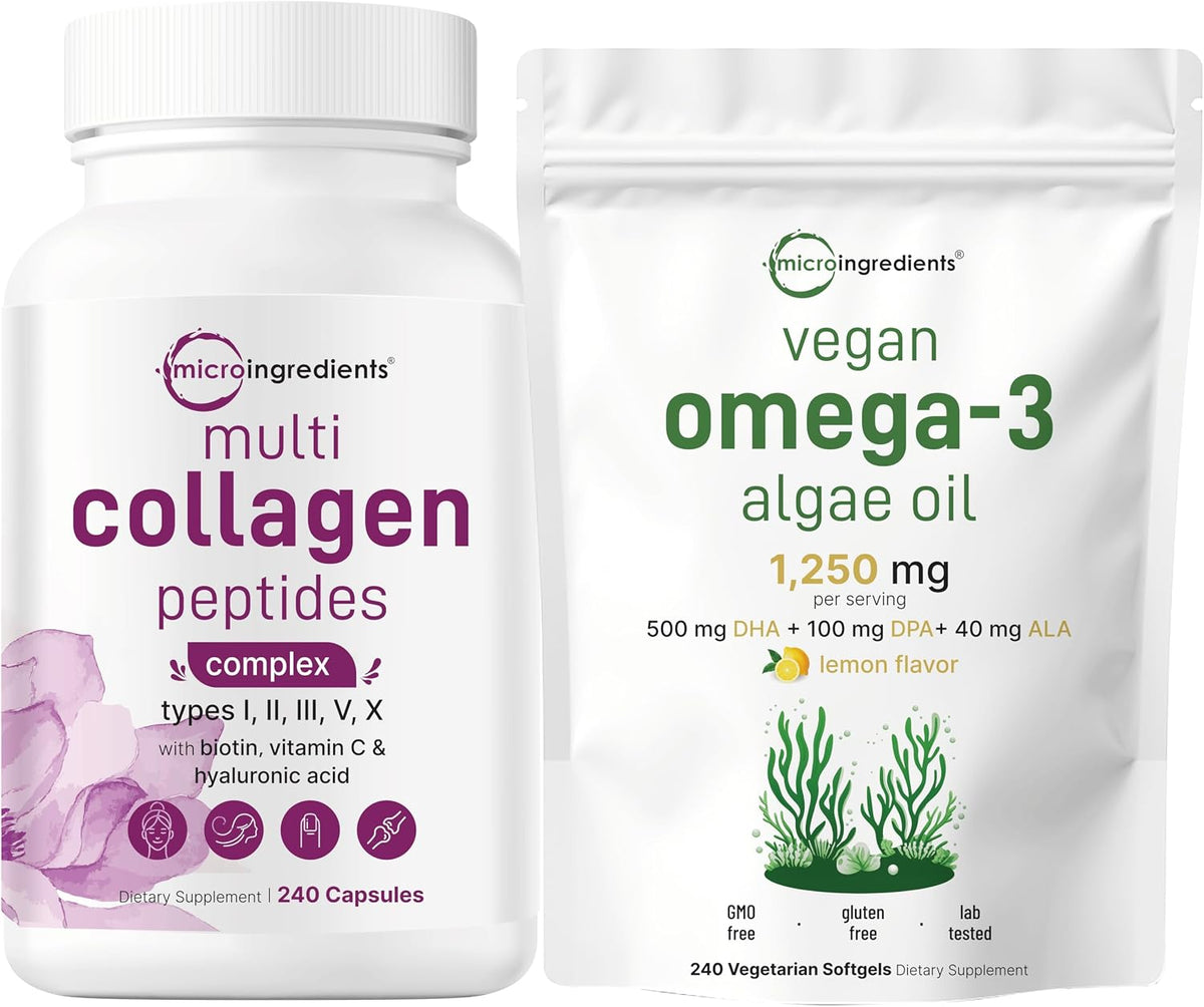 Micro Ingredients Multi Collagen Complex & Vegan Omega 3 Algae Oil Supplement Bundle 2 Pack | Grass-Fed Collagen Peptides | Omega-3 Full Spectrum Alternative to Fish Oil