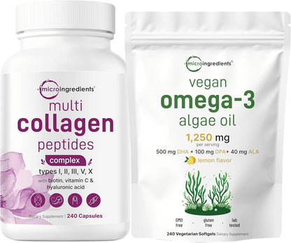 Micro Ingredients Multi Collagen Complex & Vegan Omega 3 Algae Oil Supplement Bundle 2 Pack | Grass-Fed Collagen Peptides | Omega-3 Full Spectrum Alternative to Fish Oil