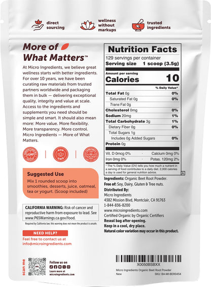 Micro Ingredients Organic Beet Root Powder, 4lb (64 oz) | Nitric Oxide Supplement, Water Soluble, Highly Concentrated Raw Beet Supplement, Superfood Drink Mix, Non-GMO, Plant Based