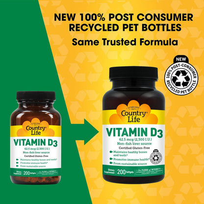 Country Life Vitamin D3 2500 IU, Non-Fish Source, 200 Softgels