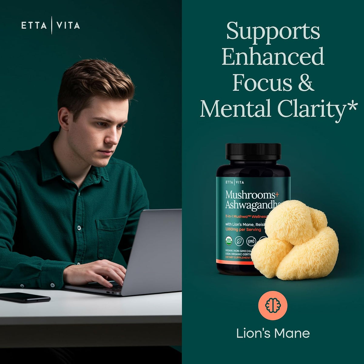 USDA Organic Lions Mane Supplement Capsule, 11-in1 Mushroom Complex 90ct | 10x adaptogenic mushroom supplement with ashwagandha, chaga, reishi, cordyceps, turkey tail, support energy, focus & immunity