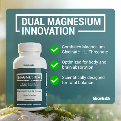 MacuHealth Magnesium Glycinate & L-Threonate 145mg - 90 Capsules - Highly Absorbable Magnesium for Energy, Calm & Focus - Gentle on Stomach, Vegan, Non-GMO - Premium Chelated Magnesium Supplement MacuhealthBuy Supplements Australia