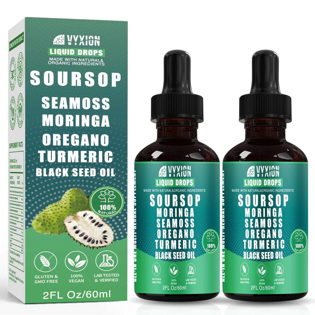 Soursop Bitters Liquid Drops 10 in 1 with Sea Moss, Moringa, Turmeric, Black Seed Oil, Oregano, Ashwagandha | Herbal Extracts for Overall Health-Enhancing |Vegan, Non-GMO| 2 Fl Oz(Mixed Berry Flavor)